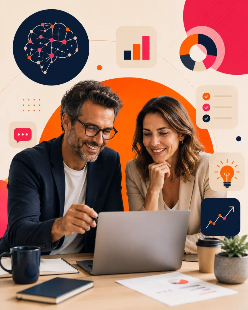Empresários usando Inteligência Artificial no notebook